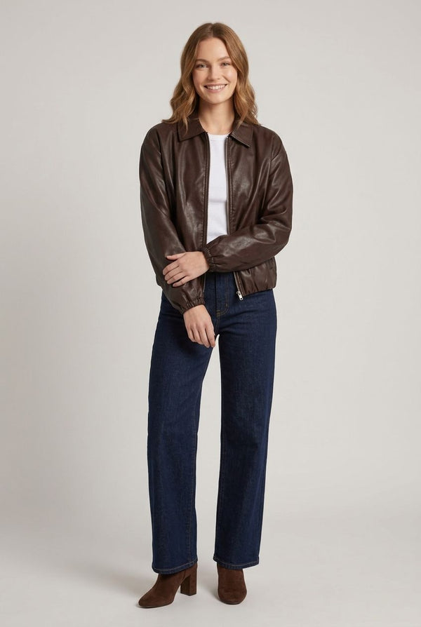 Brown | Faux Leather Collared Cropped Jacket