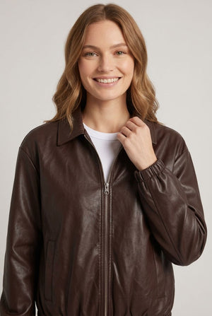 Brown | Faux Leather Collared Cropped Jacket