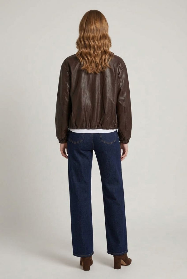 Brown | Faux Leather Collared Cropped Jacket