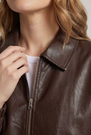 Brown | Faux Leather Collared Cropped Jacket