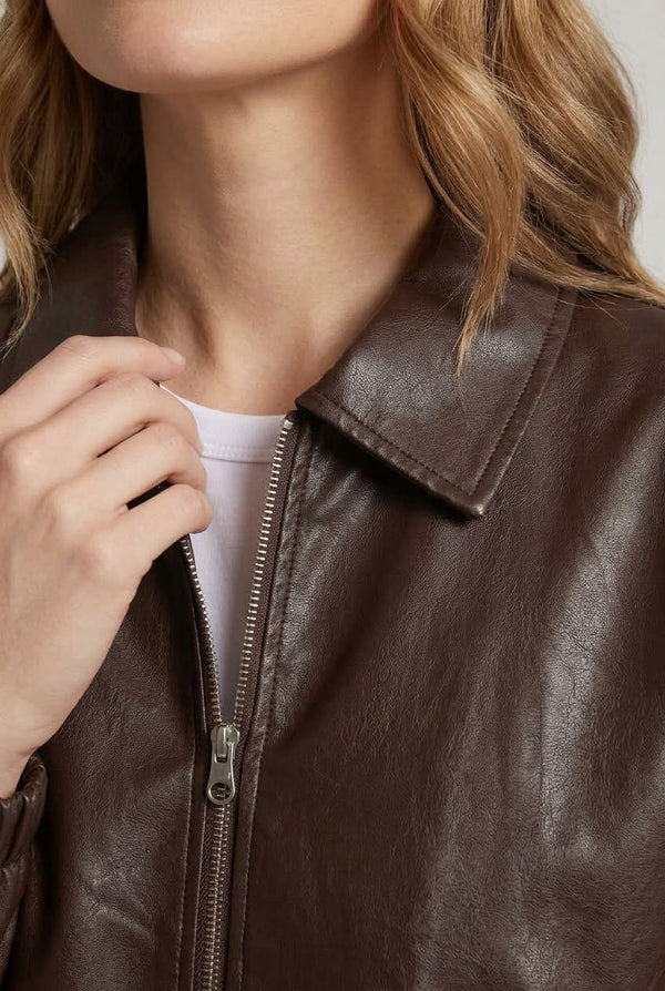 Brown | Faux Leather Collared Cropped Jacket