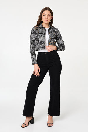Black | Tropical Print Textured Cropped Jacket