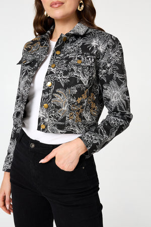 Black | Tropical Print Textured Cropped Jacket
