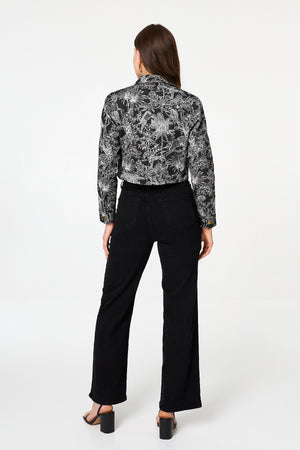 Black | Tropical Print Textured Cropped Jacket