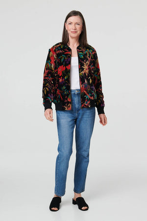 Black | Tropical Print Relaxed Zip Front Jacket