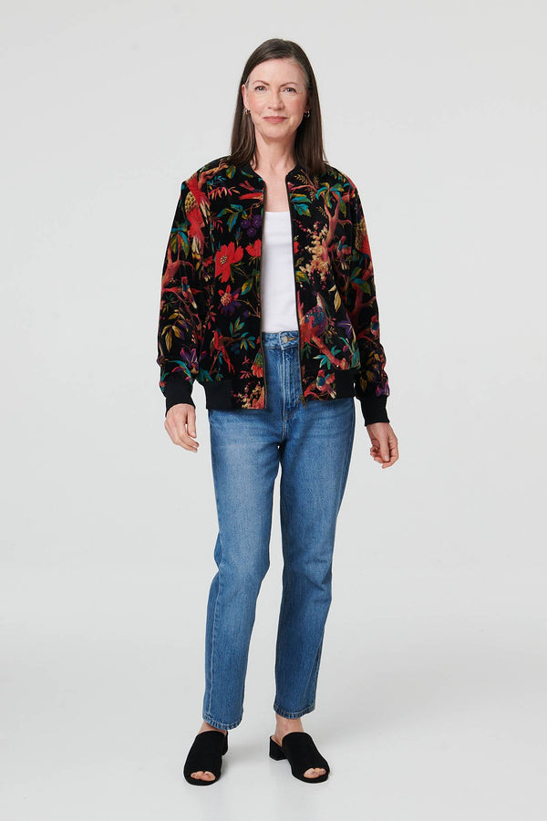 Black | Tropical Print Relaxed Zip Front Jacket