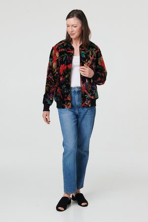 Black | Tropical Print Relaxed Zip Front Jacket