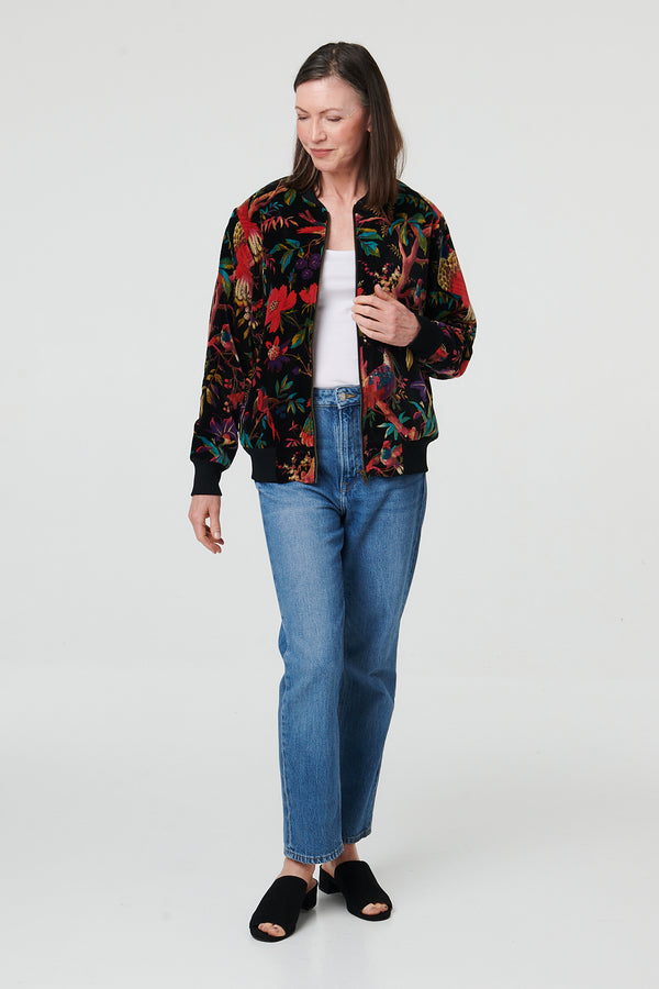 Black | Tropical Print Relaxed Zip Front Jacket