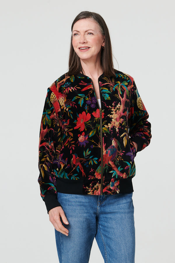 Black | Tropical Print Relaxed Zip Front Jacket