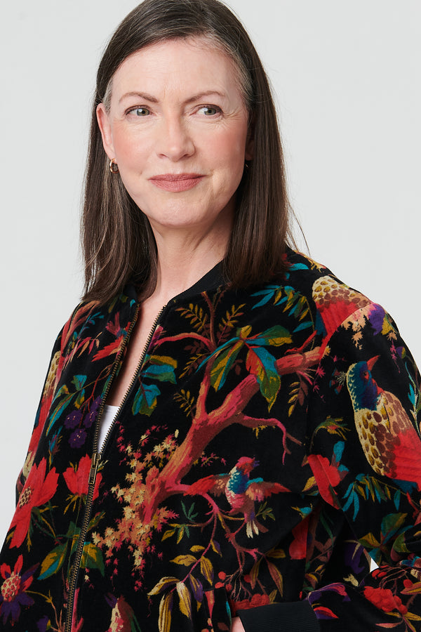 Black | Tropical Print Relaxed Zip Front Jacket