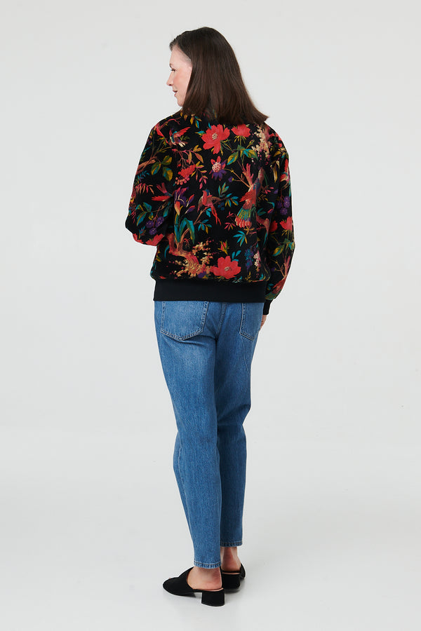 Black | Tropical Print Relaxed Zip Front Jacket