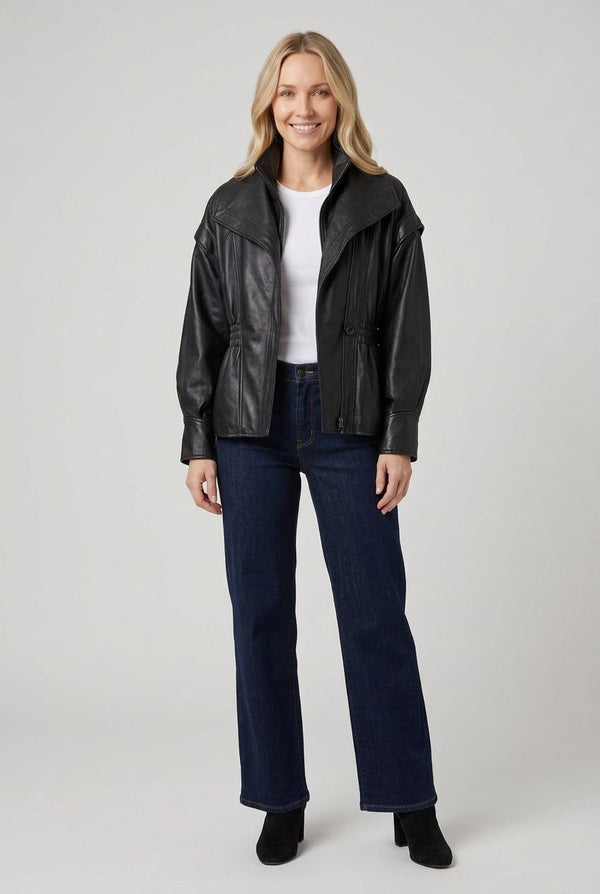 Black | Faux Leather Layered High Neck Jacket