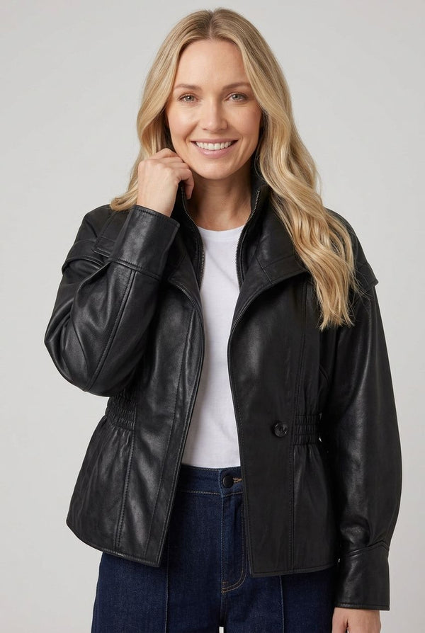 Black | Faux Leather Layered High Neck Jacket