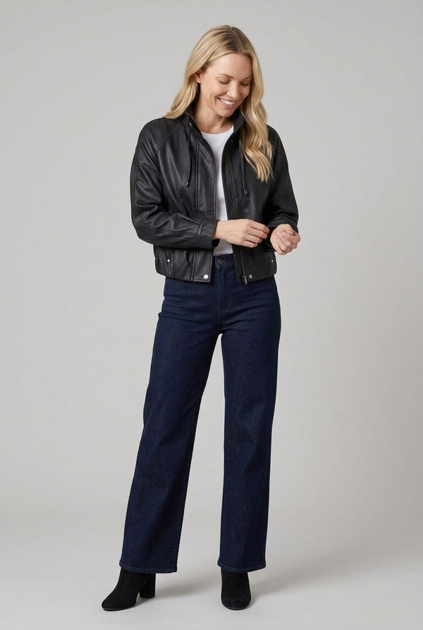 Black | Faux Leather High Neck Boxy Jacket