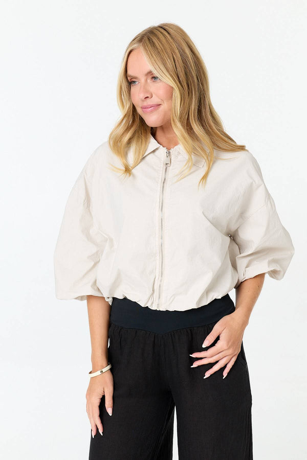 Beige | Zip Front 3/4 Sleeve Cropped Jacket