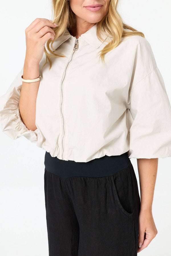 Beige | Zip Front 3/4 Sleeve Cropped Jacket