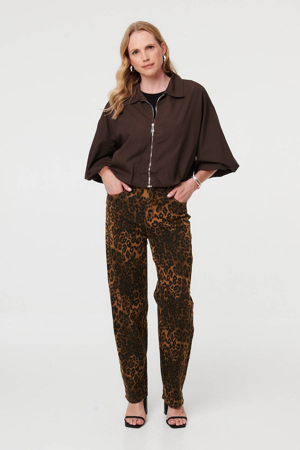 Brown | Zip Front 3/4 Sleeve Cropped Jacket
