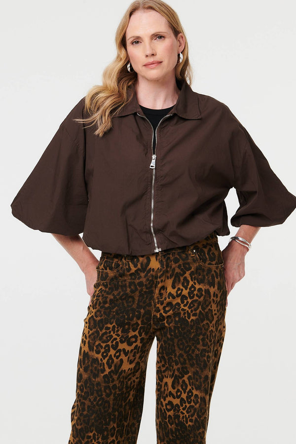 Brown | Zip Front 3/4 Sleeve Cropped Jacket