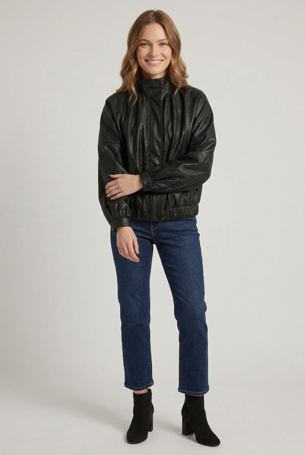 Black | Faux Leather Relaxed High Neck Jacket