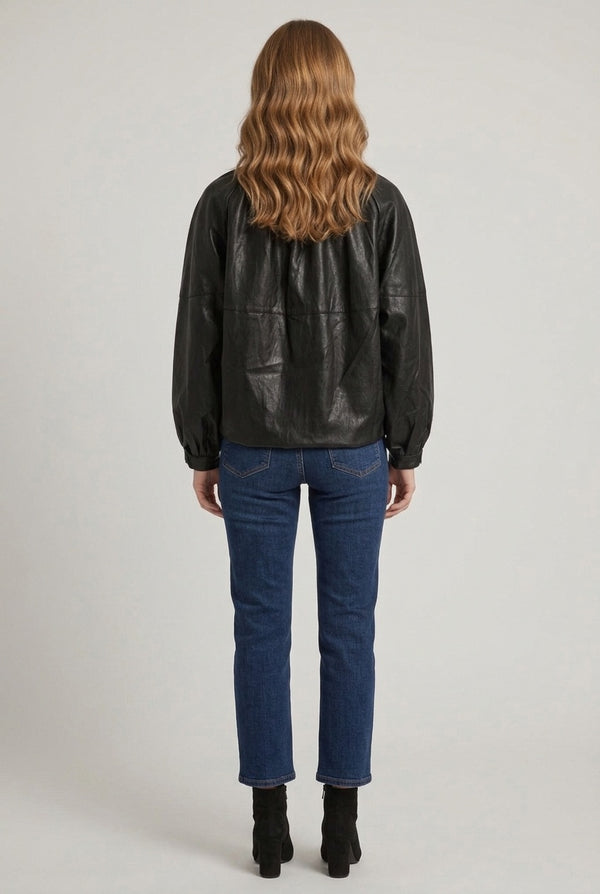 Black | Faux Leather Relaxed High Neck Jacket