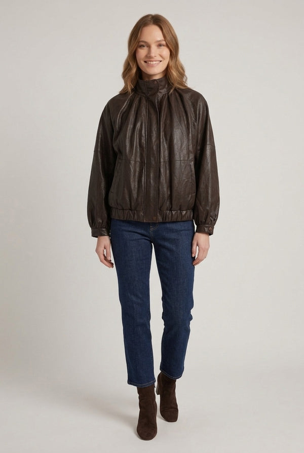 Brown | Faux Leather Relaxed High Neck Jacket
