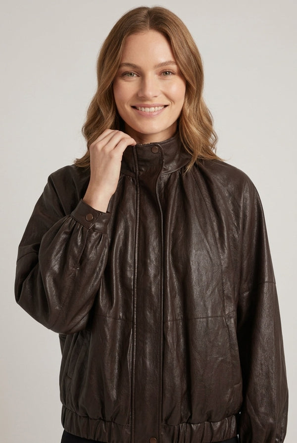 Brown | Faux Leather Relaxed High Neck Jacket