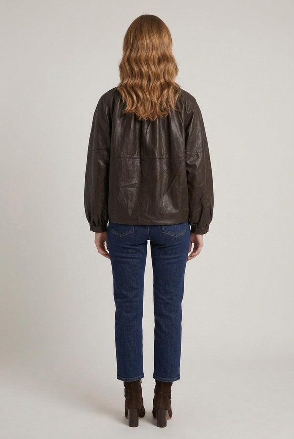 Brown | Faux Leather Relaxed High Neck Jacket