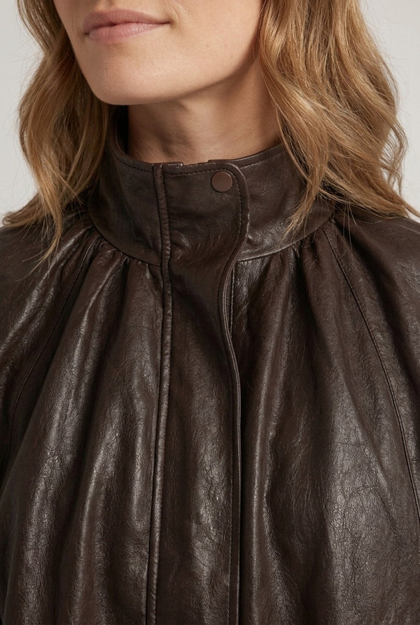Brown | Faux Leather Relaxed High Neck Jacket