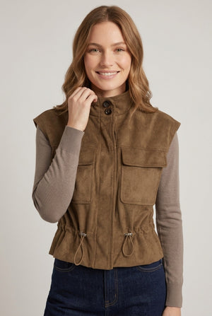 Khaki | Faux Suede Sleeveless High Neck Gilet