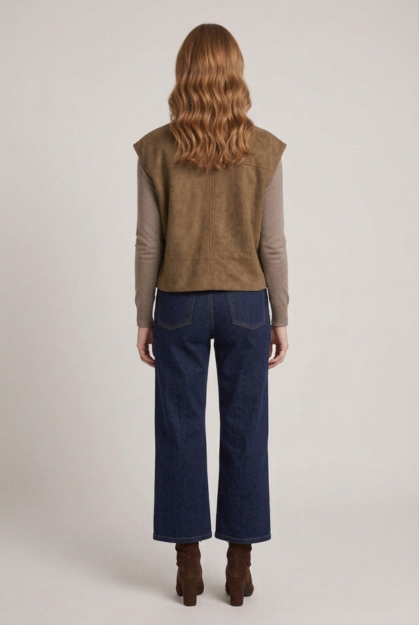 Khaki | Faux Suede Sleeveless High Neck Gilet