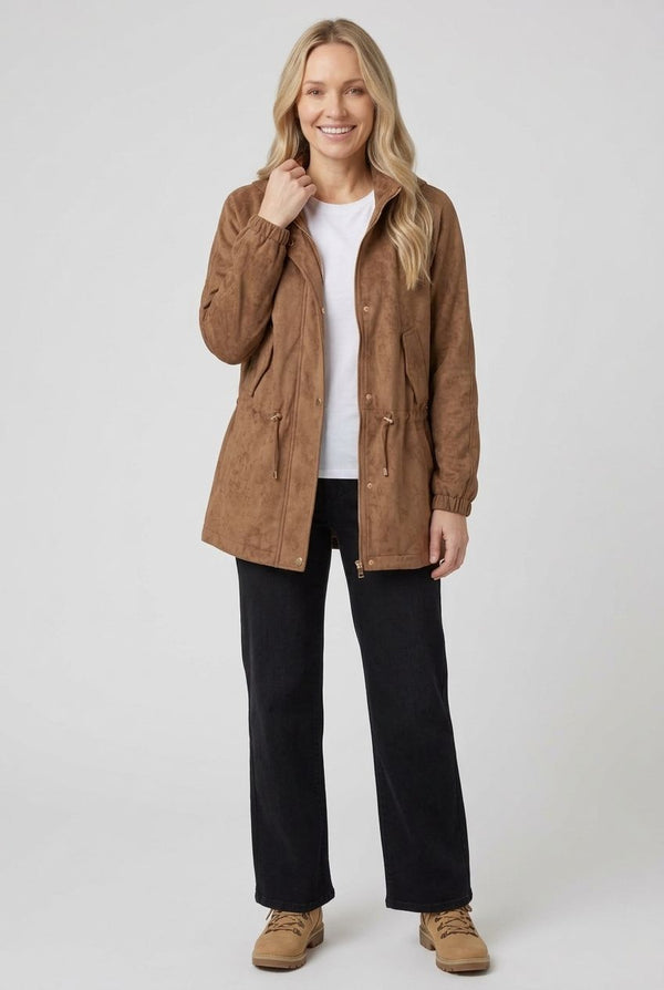 Brown | Faux Suede High Neck Drawstring Jacket