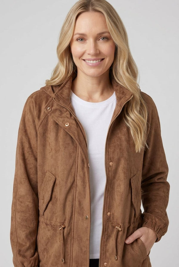 Brown | Faux Suede High Neck Drawstring Jacket