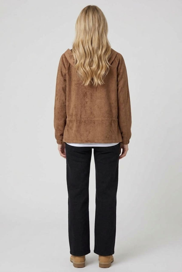 Brown | Faux Suede High Neck Drawstring Jacket