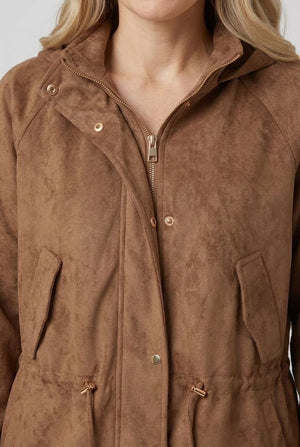 Brown | Faux Suede High Neck Drawstring Jacket