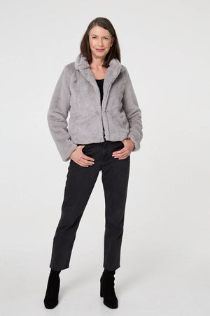 Silver | Faux Fur Long Sleeve Cropped Jacket