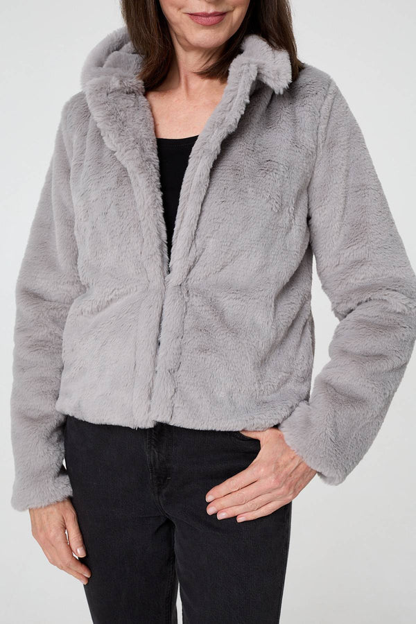 Silver | Faux Fur Long Sleeve Cropped Jacket