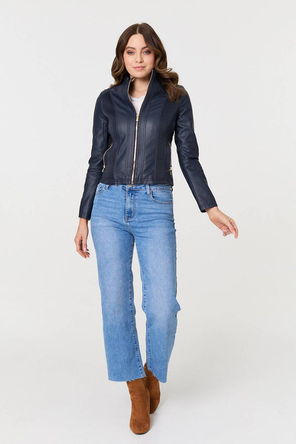 Navy | Zip Front Faux Leather Jacket