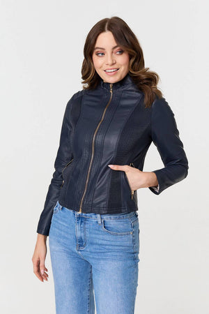 Navy | Zip Front Faux Leather Jacket