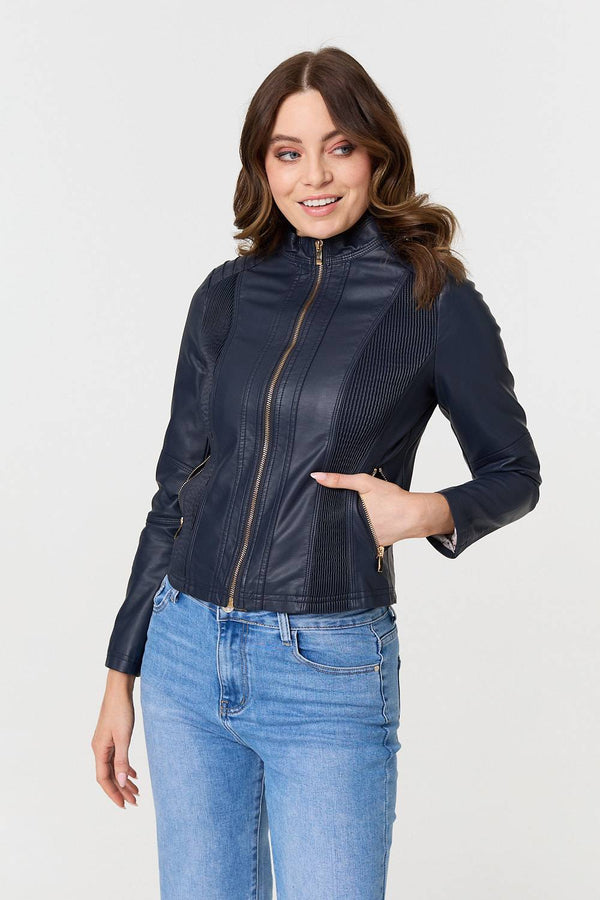 Navy | Zip Front Faux Leather Jacket