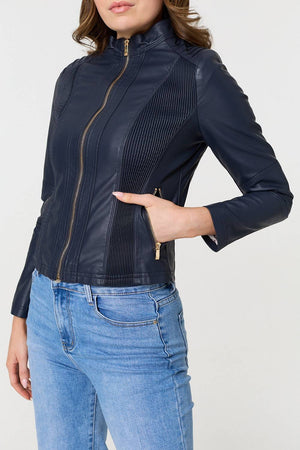 Navy | Zip Front Faux Leather Jacket