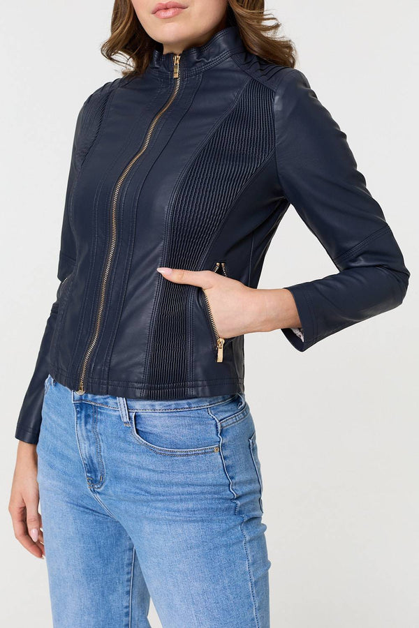 Navy | Zip Front Faux Leather Jacket