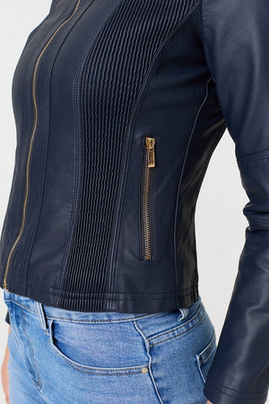 Navy | Zip Front Faux Leather Jacket