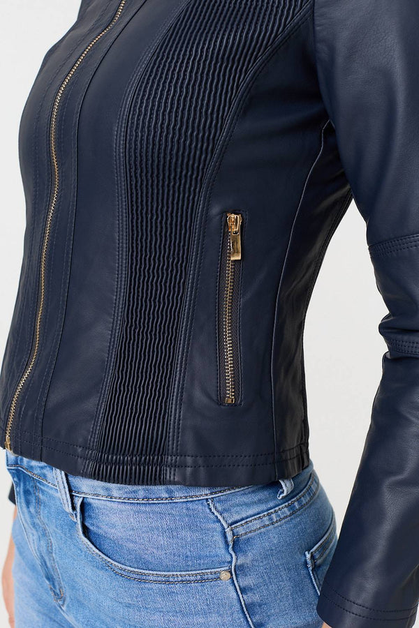 Navy | Zip Front Faux Leather Jacket