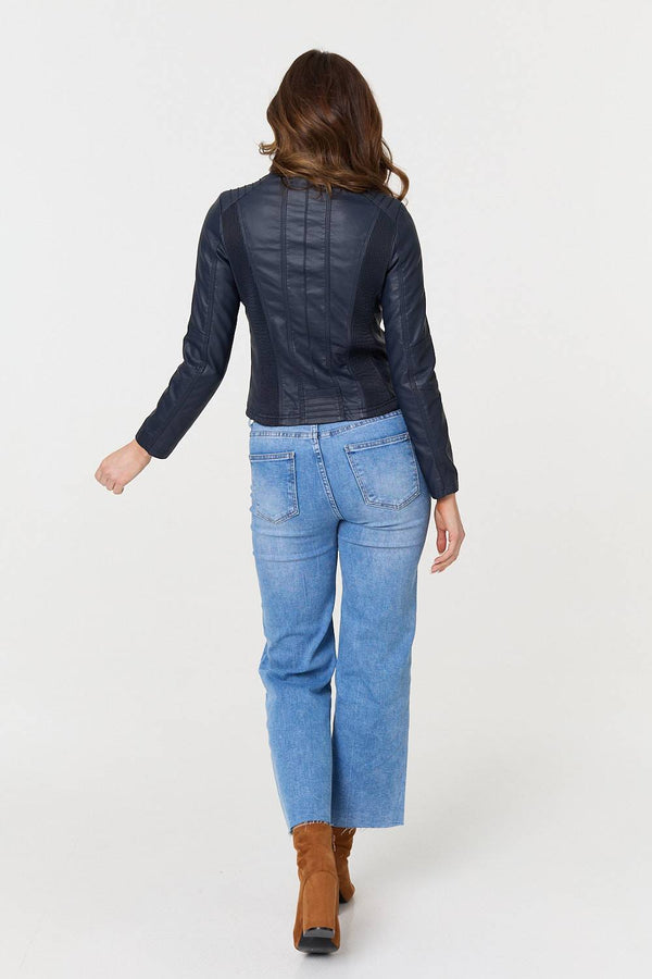 Navy | Zip Front Faux Leather Jacket