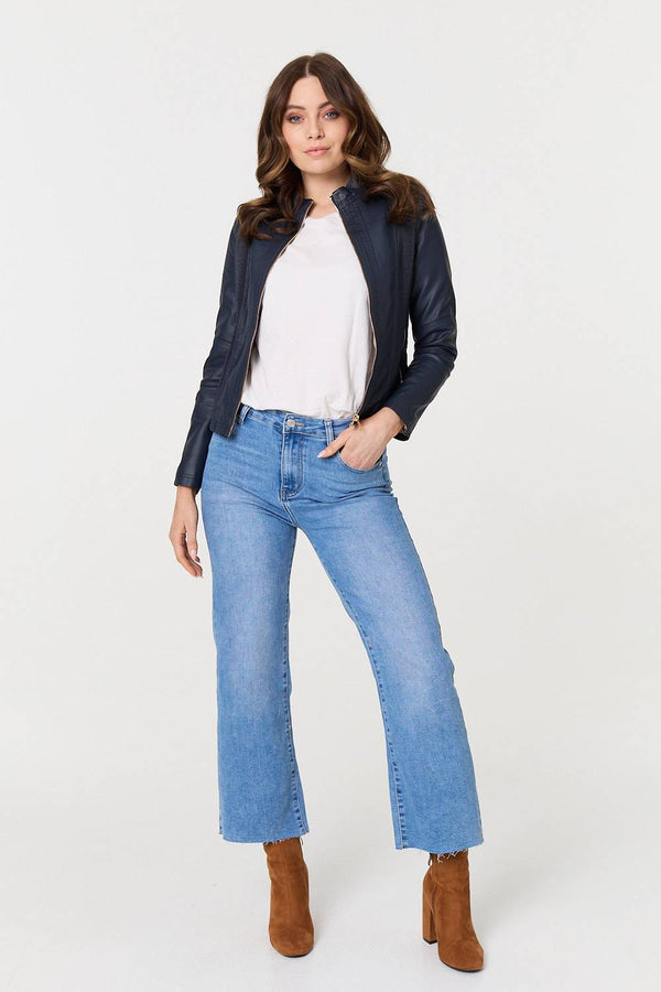 Navy | Zip Front Faux Leather Jacket