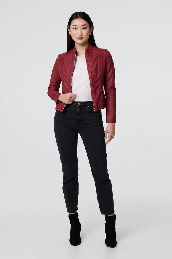 Red | Zip Front Faux Leather Jacket