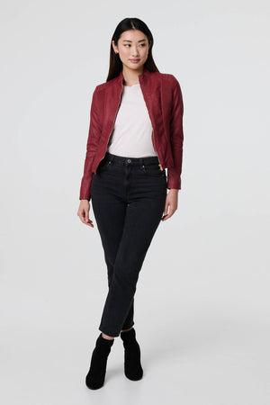 Red | Zip Front Faux Leather Jacket