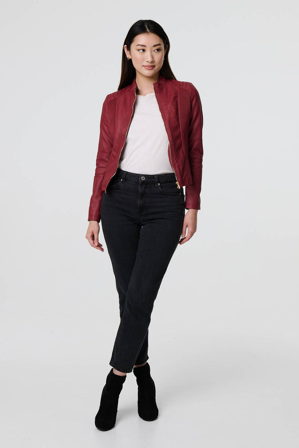 Red | Zip Front Faux Leather Jacket