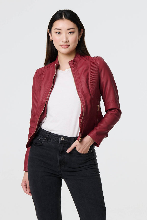 Red | Zip Front Faux Leather Jacket