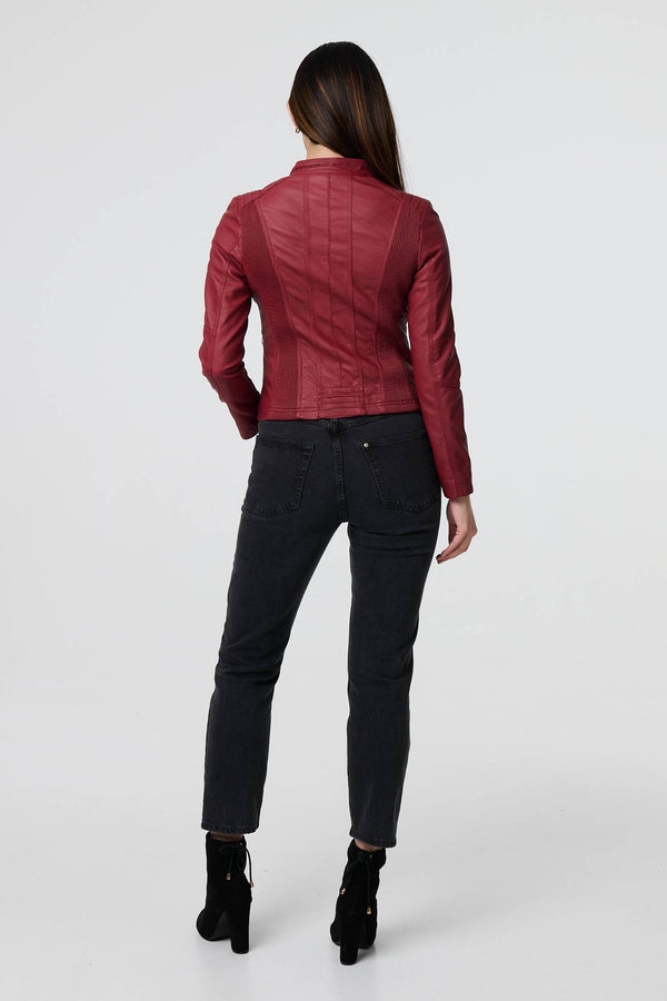 Red | Zip Front Faux Leather Jacket